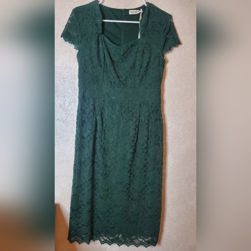 Grace Karin Forest Green Lace Midi Dress